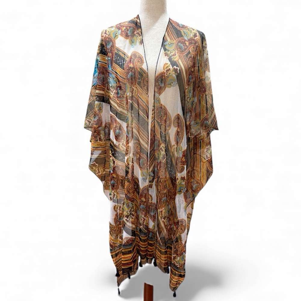 C EST. 1946 Multicolor Long Kimono with Tassel Trim Details - One Size
